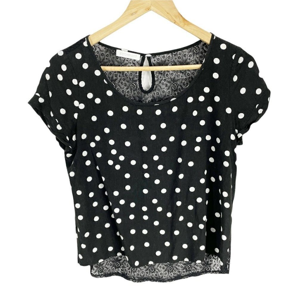 Promod Black Polka Dot Short Sleeved Shirt‎ Sz S Lace Open Back Cropped French